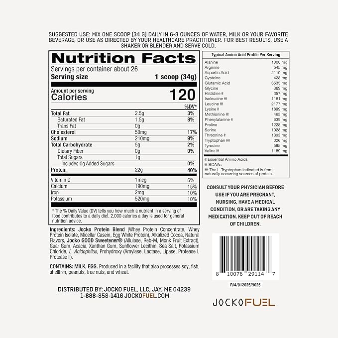 Jocko Fuel Whey Protein Powder, Chocolate Milkshake, 22g Protein, Digestive Enzymes + Probiotic Blend, No Sugar Added, with Essential Amino Acids + Electrolyte Minerals, 26 Servings