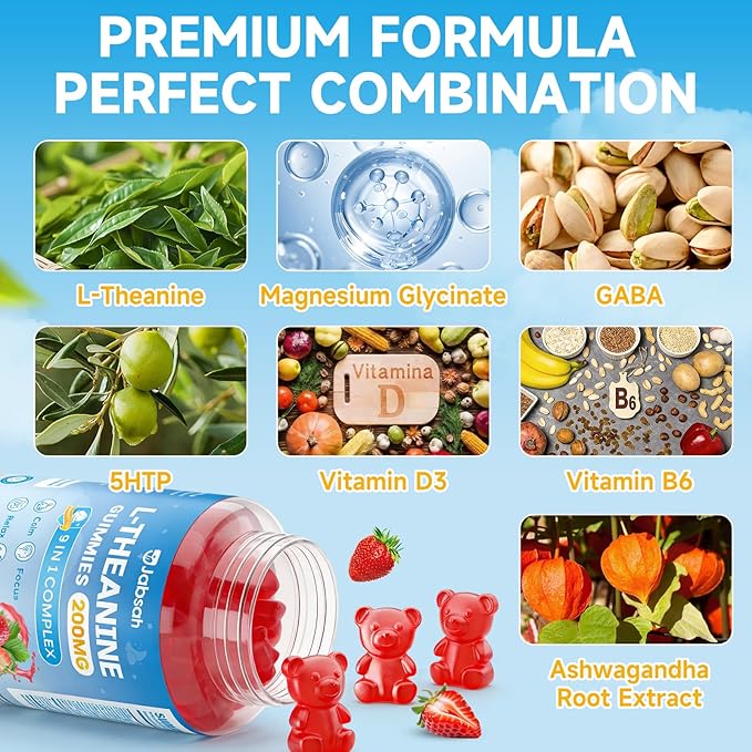 L-Theanine Gummies for Kids & Adults, L Theanine Supplement with Magnesium Glycinate, Ashwagandha, GABA, 5HTP for Calm, Relax, Zzz & Focus Support, Vegan Strawberry Flavor, 60 Count