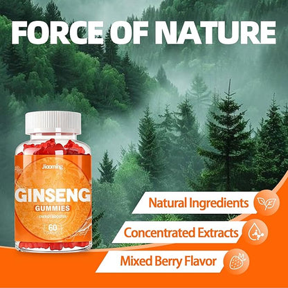 Panax Ginseng Gummies for Men and Women, 1500mg Ginseng Root Extract Boost Energy, Pectin-Based Mixed Berry Flavor Chews, 60 Count