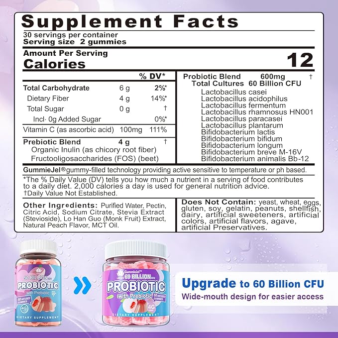 Probiotic Gummies 60 Billion CFU for Women Men & Kids, 11 Strains Probiotics + Organic Prebiotics Fiber for Immune, Digestive Health, Supports Constipation, Diarrhea, Gas & Bloating - Sugar Free, 60ct