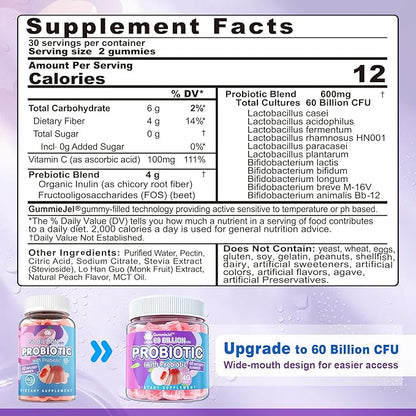 Probiotic Gummies for Women Men, 60 Billion CFU Probiotics + Prebiotics Gummy Sugar Free, 11 Strains for Digestive Health, Supports Constipation, Diarrhea, Gas & Bloating - Peach Flavor, Vegan, 120ct