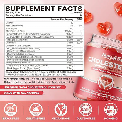 Cholesterol Gummies Sugar-Free,12-in-1 Cholesterol Supplements with Plant Sterols,Citrus Bergamot,CoQ10 and Vitamins for Cholesterol Health, Vegan, Mixed Berry Flavor, 60 Counts