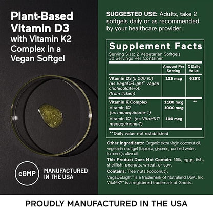 SMARTERNUTRITION Vegan Vitamin D3 5000 IU + Natural Vitamin K2 1100 mcg in Organic Coconut & Olive Oil - D3 K2 Supplement for Immune & Bone Support - 60 Softgels[30 Day Supply]