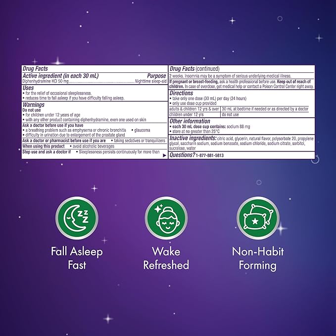 ZzzQuil Liquid Sleep Aid, Diphenhydramine 50mg HCI, Free & Clear, Free of Alcohol and Artificial Dyes, Nighttime Sleep Aid Liquid, Non-Habit Forming, Strawberry Flavored, 2 Pack, 24 FL OZ