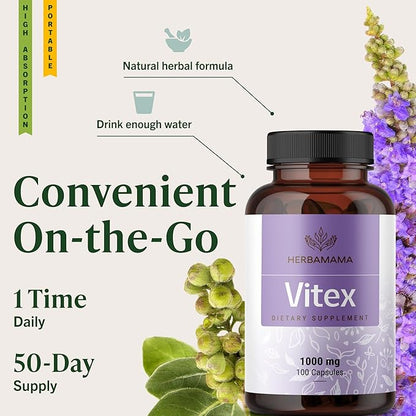HERBAMAMA Vitex Berry Capsules – Natural Menopause Supplements* for Women – 1000mg Vitex Chasteberry Fruit per Serving for Menopause Support* – Vegan, Non-GMO – 50-Day Supply