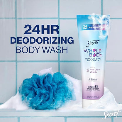 Secret Feminine Wash, 24 HR Deodorizing Feminine Body Wash for Women, Removes 6x Causes of Odor, PH Balanced, Safe to Use Everywhere, Lilac & Waterlily Scent, 8.0 oz