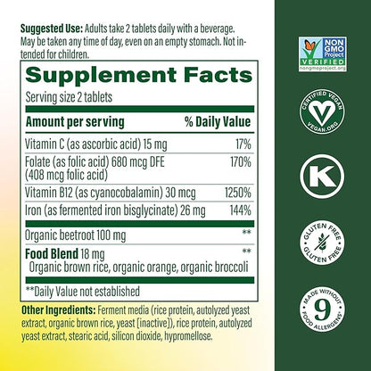MegaFood Blood Builder Iron Supplement for Women & Men - Increase Iron Levels Without Side Effects - Combats Fatigue - Vitamin B12, Folic Acid & Vitamin C - Vegan - 72 Mini Tablets (36 Servings)