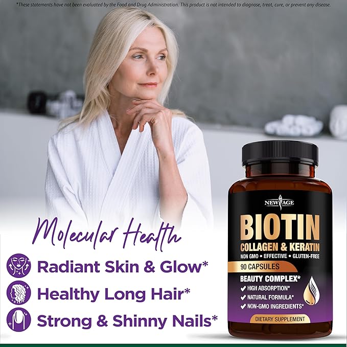 NEW AGE Biotin Collagen Keratin Hyaluronic Acid - 50,000mcg Hair Growth Vitamins for Men and Women, Nails, Hair, Skin Vitamins and DHT Blocker with Vitamin E Folic Acid Pumpkin Seed MSM - 90 Count