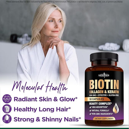 NEW AGE Biotin Collagen Keratin Hyaluronic Acid - 50,000mcg Hair Growth Vitamins for Men and Women, Nails, Hair, Skin Vitamins and DHT Blocker with Vitamin E Folic Acid Pumpkin Seed MSM- 180 Count