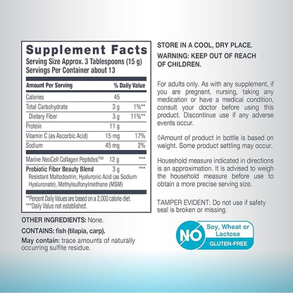 NeoCell Marine Collagen Peptides Powder | 7 oz | Unflavored Supplement | with Vitamin C and MSM | Plus Hyaluronic Acid | Prebiotic Fiber Beauty Blend | Hair, Skin, & Nails | for Women and Men