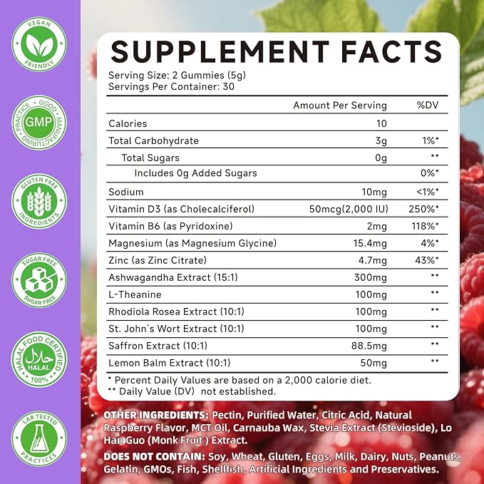 Saffron Supplement Gummies for Kids & Adults Supports Antioxidant Function with Ashwagandha, L-Theanine, Rhodiola Rosea, Lemon Balm, Vitamin D3, B6, Magnesium & Zinc – Raspberry Flavor, 120 Count