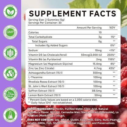 Saffron Supplement Gummies for Kids & Adults Supports Antioxidant Function with Ashwagandha, L-Theanine, Rhodiola Rosea, Lemon Balm, Vitamin D3, B6, Magnesium & Zinc – Raspberry Flavor, 120 Count