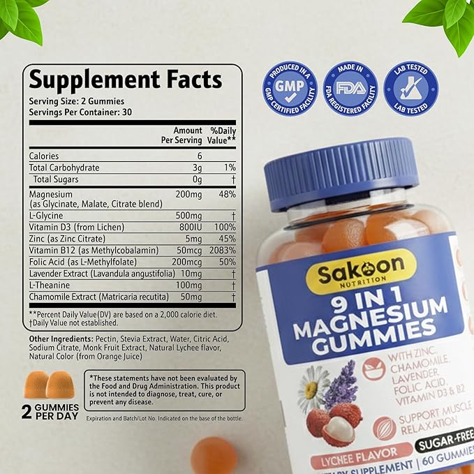 Sakoon Nutritions 9-in-1 Magnesium Gummies for Women & Men with Zinc & Vitamin D3 | Sugar Free Lychee Flavor with Magnesium Glycinate, Citrate & Malate | Muscle & Stress Relief | Halal, Vegan | 60pcs