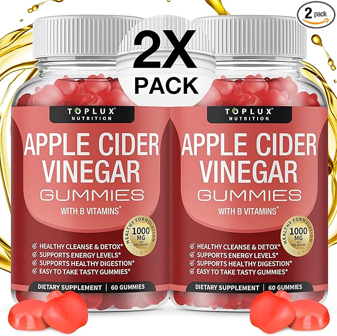 Toplux Apple Cider Vinegar Gummies - 1000mg ACV with B12, Beet Root, Pomegranate for Immune System, Detox & Cleanse, Gummy Alternative to Apple Cider Vinegar Capsules, for Men Women 2X Pack