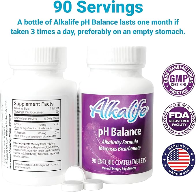 Alkalife pH Balance Tablets, 1 Pack, Alkaline Mineral Support Without the Bottles, Enteric-Coated for Maximum Absorption, Potassium & Sodium Bicarbonate, Immune Support, 90 Tablets (1 Month Supply)