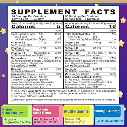 Neviss Magnesium Glycinate + Calcium Filled Gummies for Adults and Kids 4+, Kids Sleep Gummies Melatonin Free, No Sugar Magnesium Supplement w/B6 D3, L-Theanine for Zzz Relax, Brain,Bone,Muscle 2Pack
