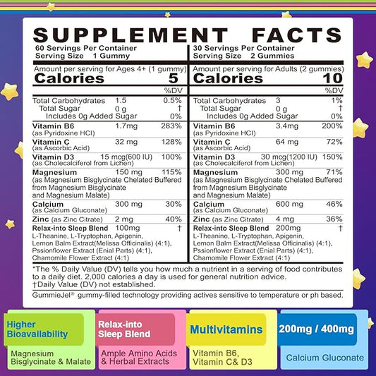 Neviss Magnesium Glycinate + Calcium Filled Gummies for Adults and Kids 4+, Kids Sleep Gummies Melatonin Free, No Sugar Magnesium Supplement w/B6 D3, L-Theanine for Zzz Relax, Brain,Bone,Muscle 2Pack