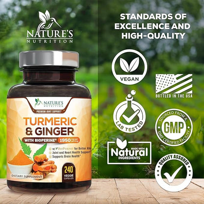 Turmeric Curcumin Supplement - 95% Curcuminoids with Organic Turmeric & Ginger, BioPerine Black Pepper Extract for Best Absorption, Natural Vegan Joint Support, Non-GMO, Bottled in USA - 240 Capsules