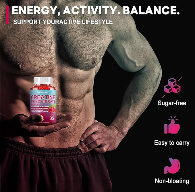 Creatine Monohydrate 8000mg Gummies with BCAA, L-Carnitine, Taurine & Vitamin B12 - Pre Workout Supplement for Muscle Growth, Strength & Energy, Raspberry Flavor Gummies, 90 Count for Men & Women