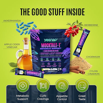 MOCKTALE-1 Metabolic GLP-1 Weight Management Supplement with Berberine & Akkermansia, Chromium, Ceylon Cinamon, Apple Cider Vinegar Lemon Mint Flavor Non-Alcoholic Cocktail 30 Packets