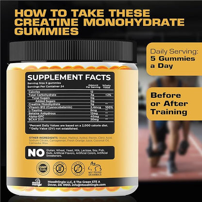 Creatine Monohydrate Gummies 5g for Men Women - Sugar Free Chewable Vegan Supplement - Enhanced Formula with Vitamin B12 L-Taurine Betaine Anhydrous Alpha-GPC BCAA 2:1:1