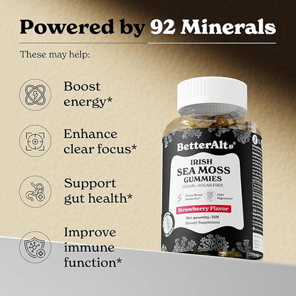 Better Alt Irish Sea Moss Gummies | Strawberry Flavor | Lab-Tested for Purity | Supports Immune Health & Energy | 1-Month Pack