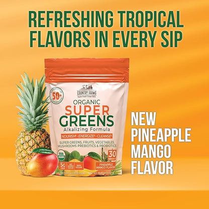 Country Farms Super Greens Pineapple-Mango Flavor, 50 Organic Super Foods, USDA Organic Drink Mix (Wheat Grass, Spirulina, Chlorella) Mushrooms & Probiotics, with Fiber, Natural Energy, 30 Servings