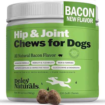 Deley Naturals Hip and Joint Supplement for Dogs - Glucosamine Chondroitin MSM & Collagen for Dogs - Dog Joint Supplement, Smaller Chews, Low Calories, Same Ingredients - 120 Bacon Flavor Chews