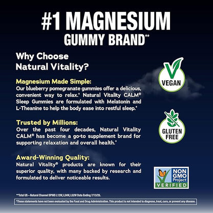 Natural Vitality SLEEP Gummies, Magnesium Supplement With Melatonin and L-Theanine, Vegan, Gluten Free, Helps the Body Ease Into Sleep, Blueberry Pomegranate 120 Count