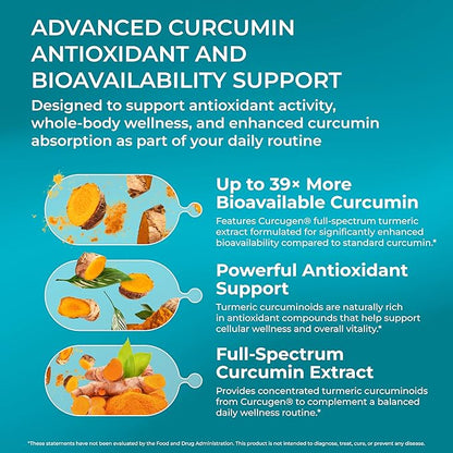 PUREHEALTH RESEARCH Curcumin Extract - High Absorption Turmeric Supplement for Immune, Joint & Muscle Support - for Heart & Brain Health - Powered by Curcugen x39 Bioavailable - 30 Capsules