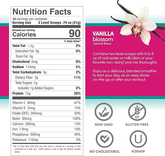Designer Wellness, Aria, Women's Wellness Low Calorie Vanilla Protein Powder with Biotin, Vitamin C and Organic Aloe, Vanilla Blossom, 1.85 Pound