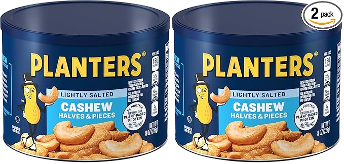 PLANTERS Lightly Salted Cashews, Cashew Halves & Pieces, Plant-Based Protein, 8 Oz Canister, Great Party Snack (Pack of 2)