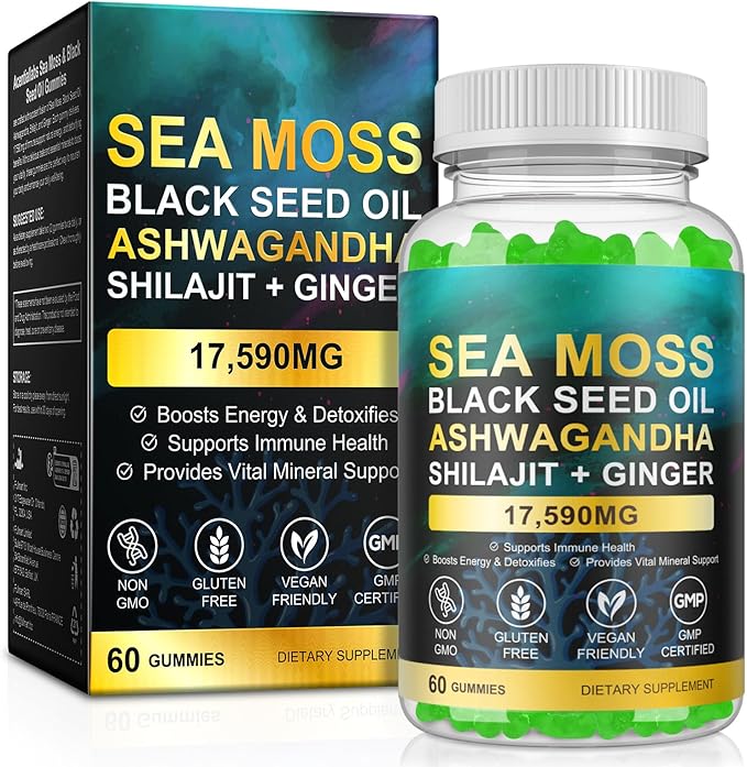 Sea Moss Gummies,with Elderberry Black Seed Oil,Ashwagandha&Ginger,Natural Irish Sea Moss for Immunity & Energy Supplement for Women,Men,Extra Strength,Great Tasting (1 Pack)