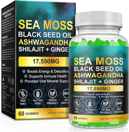 Sea Moss Gummies,with Elderberry Black Seed Oil,Ashwagandha&Ginger,Natural Irish Sea Moss for Immunity & Energy Supplement for Women,Men,Extra Strength,Great Tasting (1 Pack)