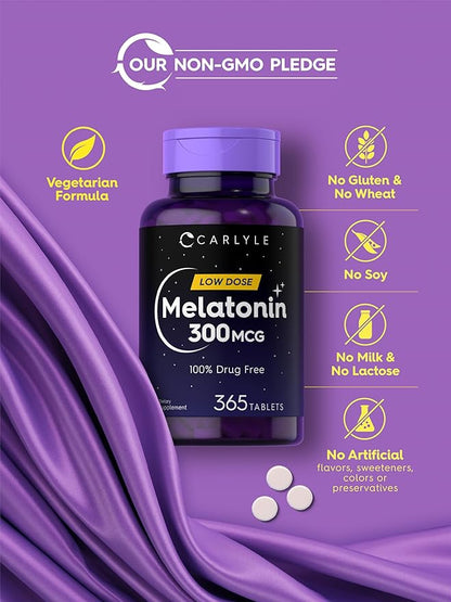 Carlyle Melatonin 300 mcg | 365 Tablets | Low Dose | Vegetarian, Non-GMO, Gluten Free