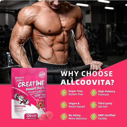 NSF Certified Creatine Gummy - Creatine Monohydrate Gummies 5000mg for Men & Women -120 Gummies Advanced Formula, Muscle Strength, Muscle Builder, Energy Boost, Pre-Workout Supplement-Raspberry