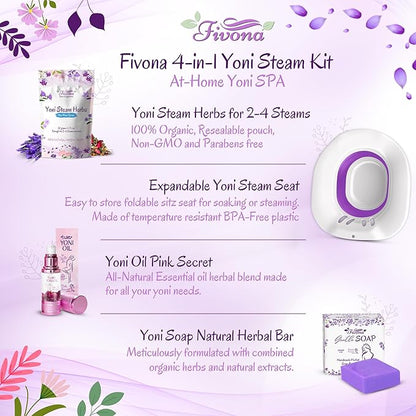 Fivona Yoni Care Kit 4 in 1 - pH Balanced Natural Yoni Oil, Herbal Bar Soap for Feminine V Wash, Detox V Stream Herbs Sunrise, Foldable Sitz Bath Steam Pot