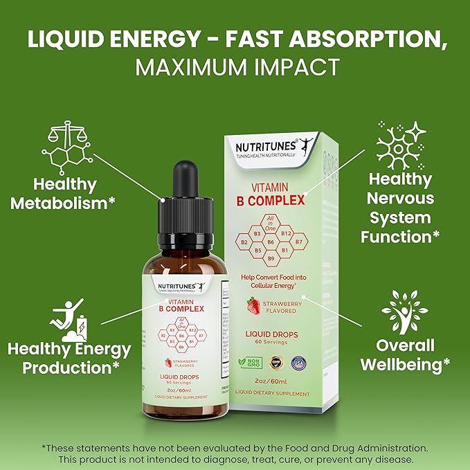 Liquid Vitamin B Complex – High-Potency and Complete B-Vitamin Drops for Energy, Metabolism, and Immune Support – Strawberry Flavored, Non-GMO, Sugar-Free – 60 Servings (2oz)
