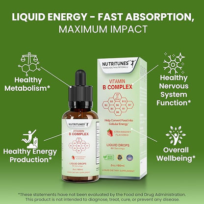 Liquid Vitamin B Complex – High-Potency and Complete B-Vitamin Drops for Energy, Metabolism, and Immune Support – Strawberry Flavored, Non-GMO, Sugar-Free – 60 Servings (2oz)