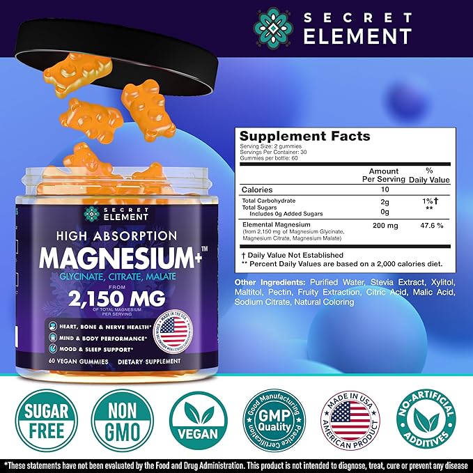 Secret Element Magnesium Glycinate 2150MG Gummies for Women and Men, High Absorption Magnesium Glycinate, Citrate, Malate, Sugar Free, Vegan, 60 Chews, Pack of 3, Orange