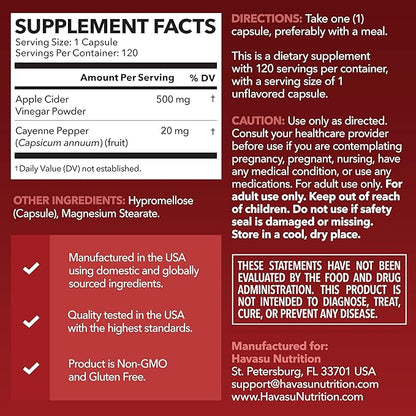 Apple Cider Vinegar Capsules with Cayenne Pepper for Digestive Health Support - 500mg ACV and 20mg Capsicum Annuum Per Serving - Easy-to-Take, Unflavored - 120 Count - Vegan, Non-GMO - 4 Month Supply