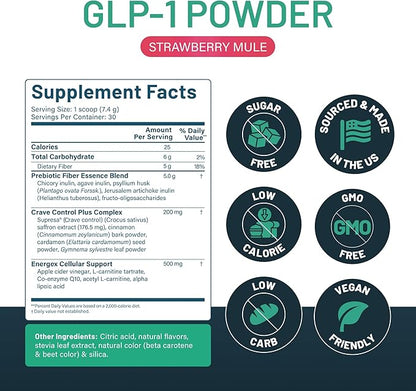GLP-1 Booster | Control Cravings, Appetite Support & Gut Health | High In Fiber & Sugar-Free Drink Mix | GLP1 Supplements Weight Loss Women & Men | Strawberry Mule Flavor | Made In USA | 30 Servings