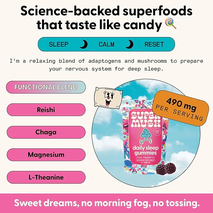 SuperMush Sleep Gummies for Adults - Mushroom Supplement with Magnesium Citrate, L-Theanine, Chaga, Reishi & Chamomile for Deep Sleep, REM & Detox - Vegan & Sugar-Free - 60 Gummies (30 Servings)