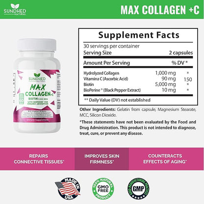 Max Collagen Plus C (60 caps) - All Natural Collagen Capsules with Biotin & Bioperine to Boost Anti Aging Hydration & Skin Firmness - Collagen Pills to Strengthen Bones & Nails