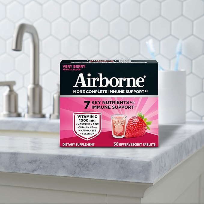 Airborne 1000mg Vitamin C with Vitamin D & Zinc, Sugar Free Multivitamin Immune Support Supplement, Antioxidants Vitamins A C & Vitamin E, 30 Effervescent Tablets, Very Berry Flavor