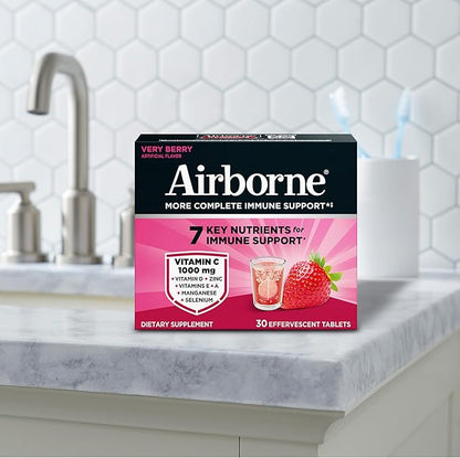 Airborne 1000mg Vitamin C with Vitamin D & Zinc, Sugar Free Multivitamin Immune Support Supplement, Antioxidants Vitamins A C & Vitamin E, 30 Effervescent Tablets, Very Berry Flavor