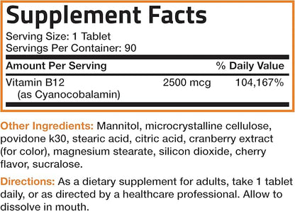 Vitamin B12 2500mcg Shot Of Energy Fast Dissolve Chewable Tablets - Quick Release Cherry Flavored Sublingual B12 Vitamin - Supports Nervous System, Healthy Brain Function Energy Production – 90 Count