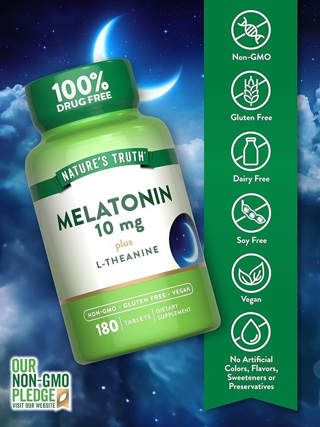 Nature's Truth Melatonin Tablets | 10mg | 180 Count | with L-Theanine | 100% Drug Free Supplement for Adults | Vegan, Non-GMO & Gluten Free