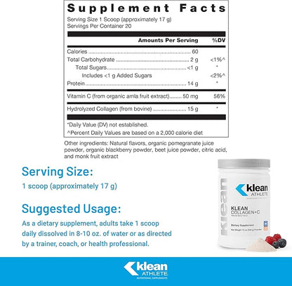 Klean Athlete Klean Collagen+C - Collagen Peptides with Vitamin C - for Joint & Connective Tissue Support - 12 Ounces - Natural Berry Flavor