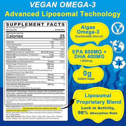 Vegan Omega-3 Gummies 1000mg +CoQ10+Magnesium- EPA 600mg DHA 400mg, Fish Oil Omega 3 Supplements Alternative for Women Men Adults, Liposomal, Algae, Plant Sterols, Garlic,B6,B9, B12, Sugar Free, 2Pack